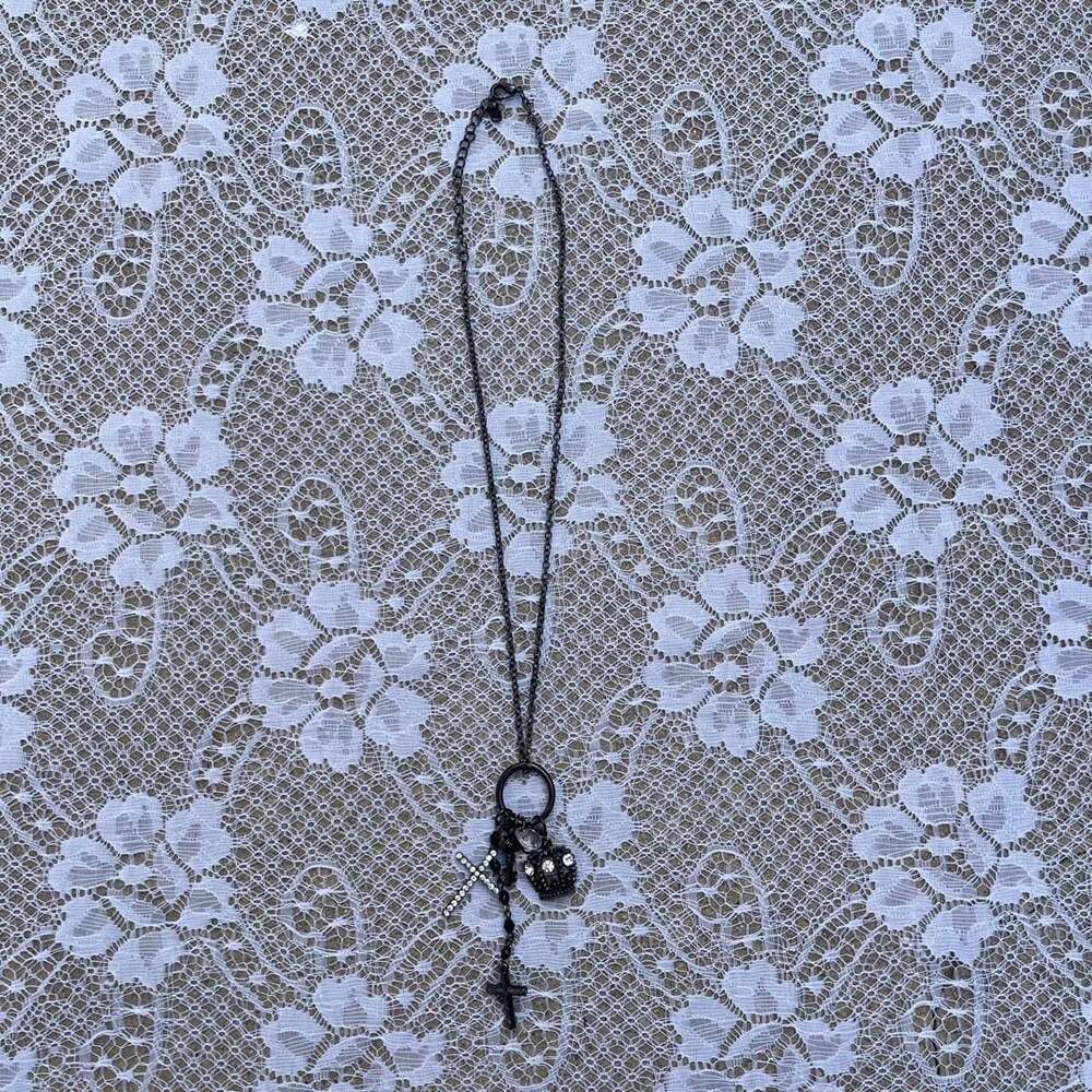 Grunge Black & Silver Crown and Cross Pendant Necklace